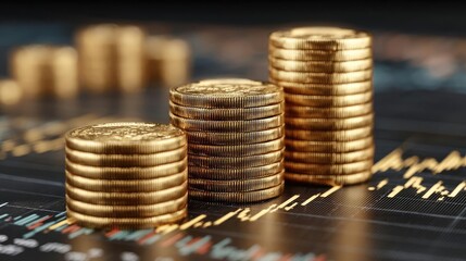 Gold stock rise portfolio and forecast analysis concept. Stacks of gold coins on a financial trading chart background.
