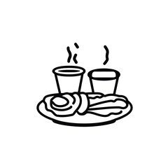 Simple Line Art Breakfast Two Steaming Cups Food on Plate Illustration