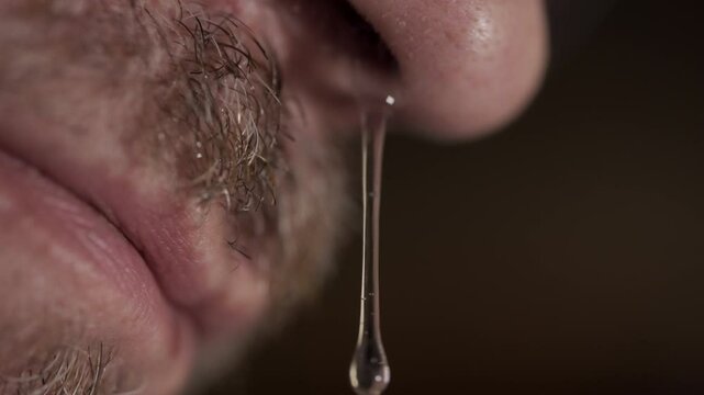 A liquid snot running out of a nose of adult person
