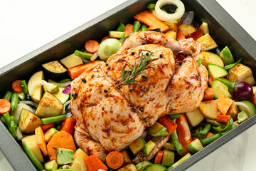 Stuffed chicken meal with vegetables ready for oven, Middle Eastern Arabic cuisine.
