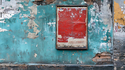 Fototapeta premium Weathered Wall with Peeling Paint and Red Poster