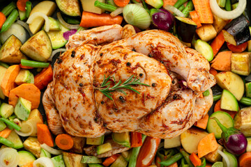Whole raw stuffed chicken with vegetables, top view.