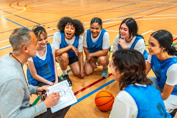 Basketball coach explaining game strategy to female team
