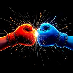 Dynamic clash between a powerful red boxing glove and a blue boxing glove captured at the moment of impact with explosive energy lines or particles radiating outwards on a dark background.
