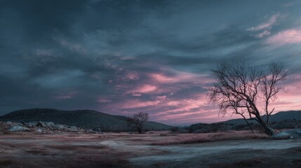 Obraz premium Mountain landscape with colorful sky during sunrise or sunset.