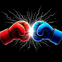 Dynamic clash between a powerful red boxing glove and a blue boxing glove captured at the moment of impact with explosive energy lines or particles radiating outwards on a dark background.