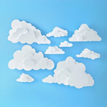 Whimsical paper clouds against a light blue sky
