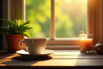 Obraz premium Sunlit window, coffee cup, scented candle, charming details on wooden table , morning, sunlight, bright