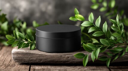 Black matte circular jar mockup with green leaves background for advertising.