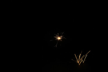 Yellow sparks fly on a black background, layered with grain, noise, and glowing effects to give a...