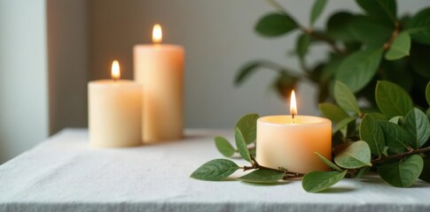 White table, burning candles, green branches, copy space , element, top view, flame