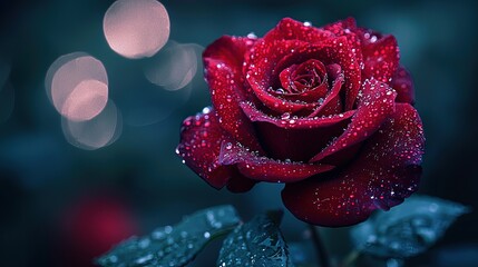 Close-up of a vibrant red rose covered in water droplets.