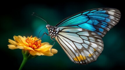Close-up of a colorful butterfly perched on a yellow flower with a dark background