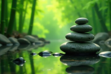 Obraz premium Zen stones, water reflection, pebble pyramid, bamboo forest, quiet, image