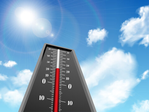 Thermometer indicates high temperature on the blue sky, three-dimensional rendering png design