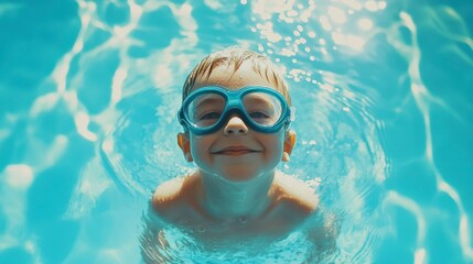 Fototapeta premium Happy child in swimming goggles in a pool.