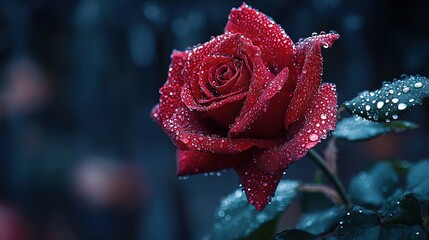 A vibrant red rose covered in water droplets.