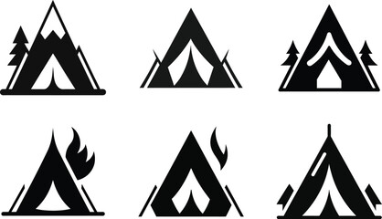 Camp sign set with black triangle mountain and tree vector icons for business web design