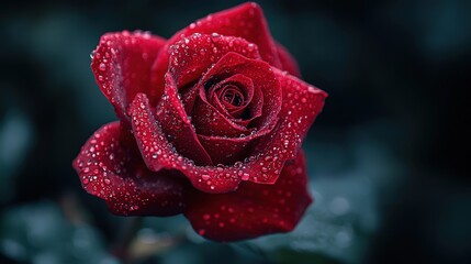Close-up of a vibrant red rose covered in dew drops.