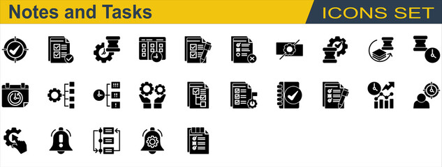 Notes and Tasks Icon Set. Containing Checklist,Deadline,Delay,Notification,Organize,Priority,Progress,Reschedule,Subtask,Task Completed,To Do List. Solid Style