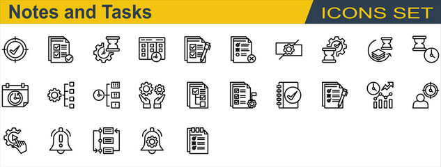 Notes and Tasks Icon Set. Containing Checklist,Deadline,Delay,Notification,Organize,Priority,Progress,Reschedule,Subtask,Task Completed,To Do List. Outline Style