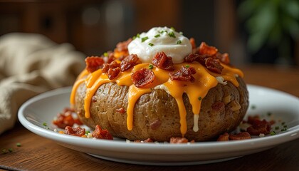 Loaded baked potato topped with cheese, bacon, and sour cream.