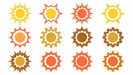 Collection of twelve sun icons in varying shades of yellow orange and brown on a white background
