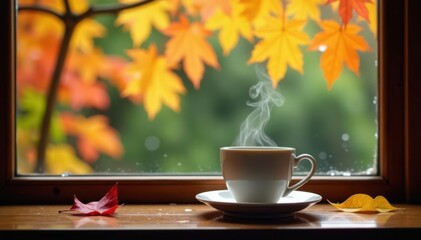 Steaming cup, vibrant fall foliage outside rainy window , hot, yellow, relaxation