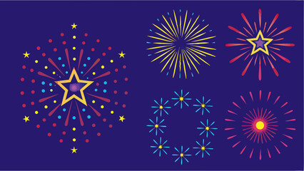Illustration of various firework designs on a dark blue background with star shapes and radial bursts