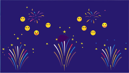 Illustration of fireworks and smiley faces scattered across a dark blue background with stars and sparkles