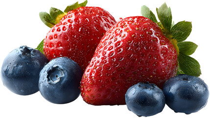 Fresh Ripe Strawberries and Blueberries with Dew Drops