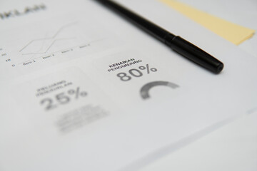 Professional photograph of business data report with charts corporate document for financial analysis print media and office work style