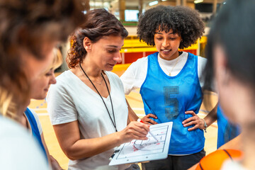 Female basketball coach explaining game strategy to team