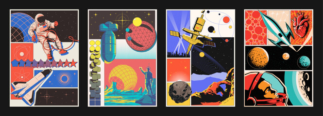 Abstract Space Posters. Spacecraft, Astronauts, Rocket, Orbital Station, Alien Planets and Extraterrestrial Landscape. Abstract Dimensions, 3D Effect Geometrical Illustrations