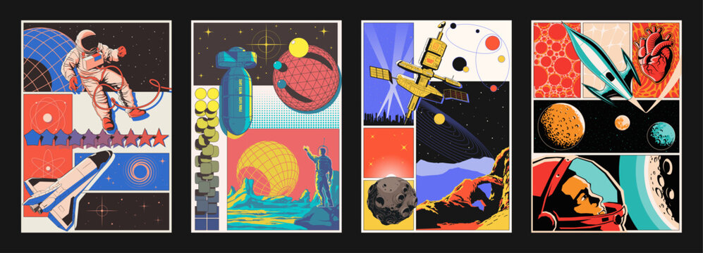 Abstract Space Posters. Spacecraft, Astronauts, Rocket, Orbital Station, Alien Planets and Extraterrestrial Landscape. Abstract Dimensions, 3D Effect Geometrical Illustrations