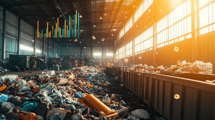 Industrial waste processing facility. Sunlight streams through the high ceilings of a large warehouse filled with mountains of plastic and garbage containers. 