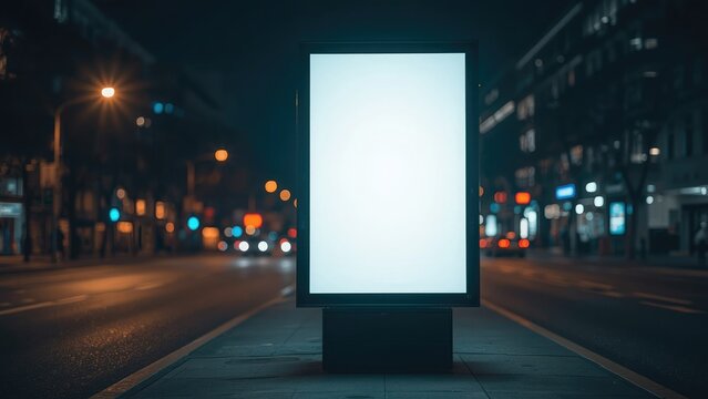 Blank illuminated billboard on city street at night