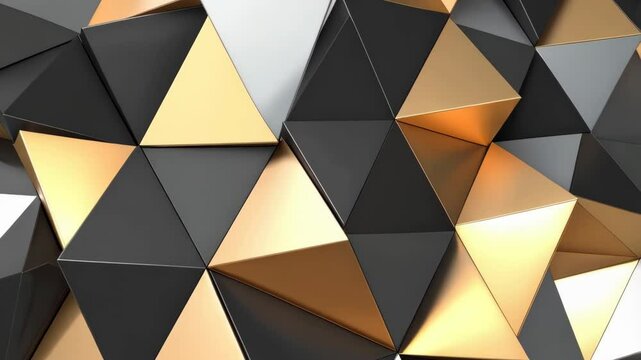 Abstract geometric background of gold, gray, and black triangles in a modern polygonal design for wallpapers and presentations.