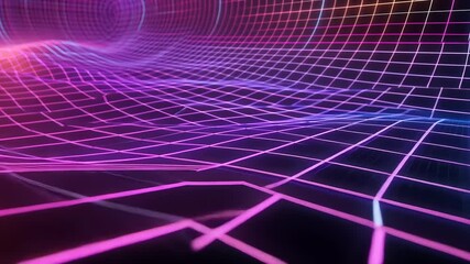 Vibrant neon grid pattern creating a futuristic digital landscape with colorful waves in the background - Powered by Adobe