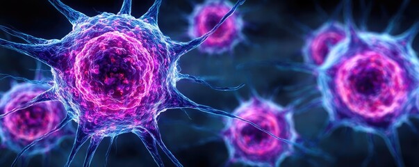 Obraz premium Targeted therapy radiation and chemotherapy diagnosis concept. Microscopic cells with vibrant colors illustrating biological processes.