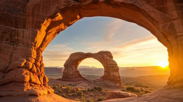 Sunset view through natural stone arches in desert