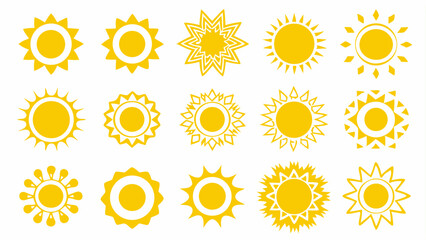 Collection of fifteen yellow sun icons with varied ray designs on a white background in a vector format