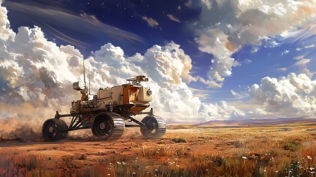 A planetary rover traversing a vast, arid landscape.