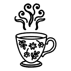 植物柄のティーカップの白黒イラスト