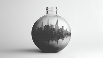 Monochromatic cityscape is beautifully reflected inside a spherical glass bottle symbolizing urban confinement environmental fragility modern isolation and abstract representation of metropolitan life