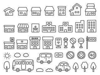家やビル、いろいろな建物のイラストセット