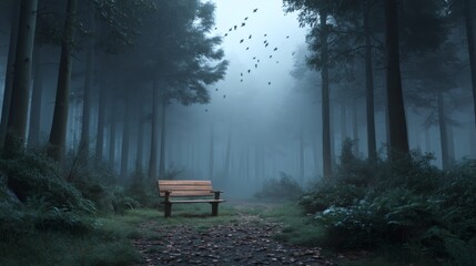 Serene Foggy Forest Scene with Empty Bench Surrounded by Trees