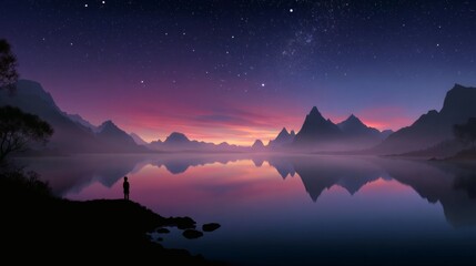 Serene Landscape with Stars Over a Calm Reflective Lake at Dusk