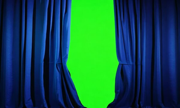 Theatre stage with open blue curtains on chroma key background. Green screen video for drama productions, online theater, or awards ceremony intros.4K high resolution video