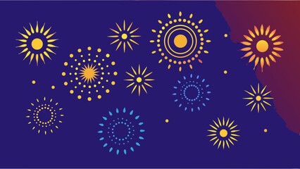 Illustration of stylized sunbursts and circular patterns on a dark blue and red gradient background